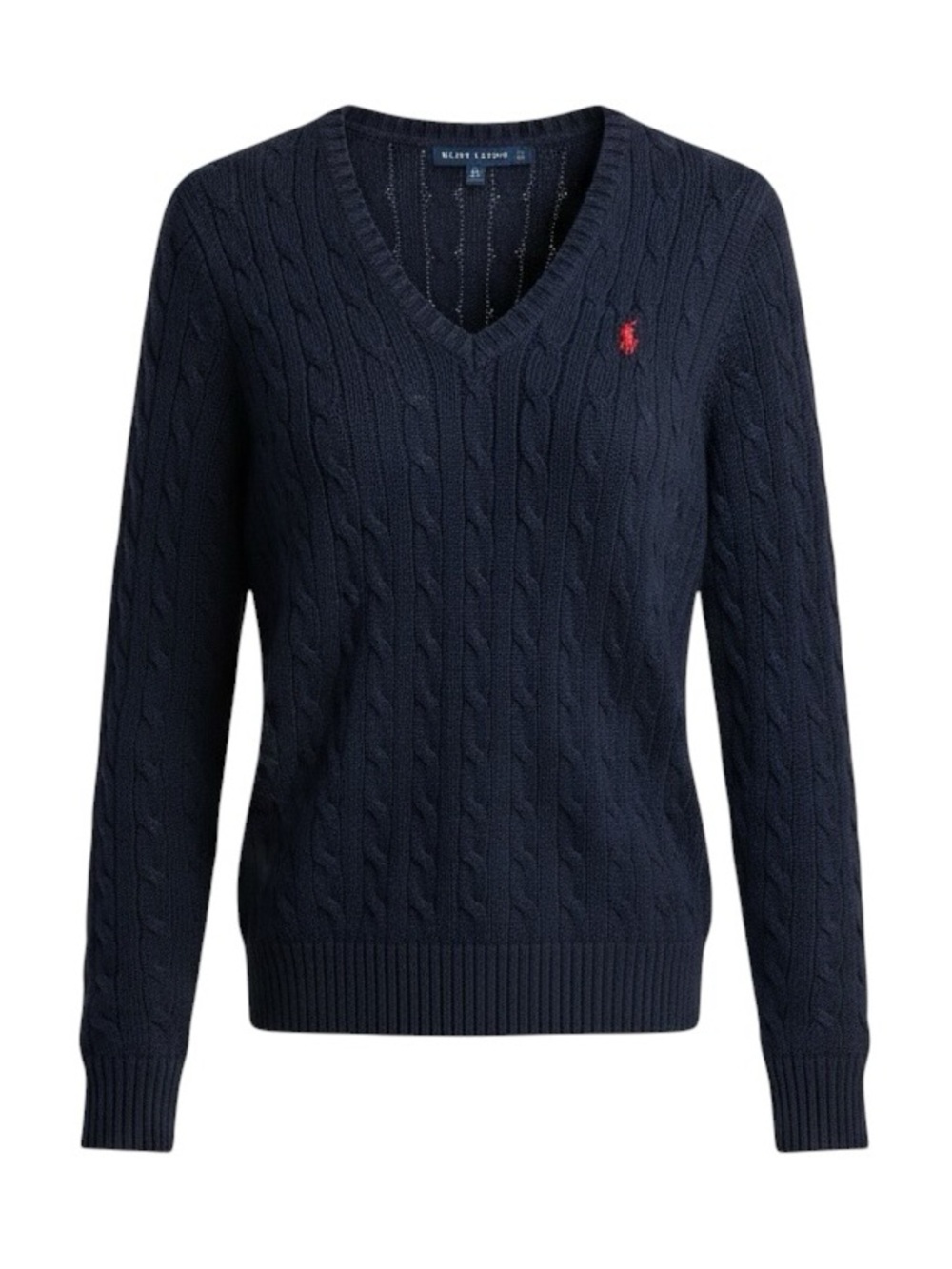 Ralph Lauren Blue Label Navy Cable Knit V-Neck Sweater Red Pony Preppy Small